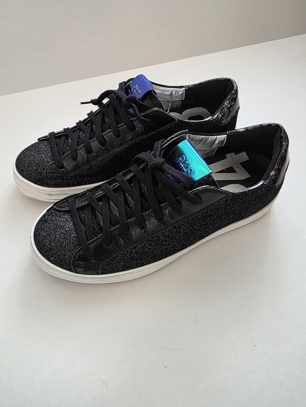 P448 John Black Glitter Sparkle Low-Top Sneakers with Blue Holographic Tongue